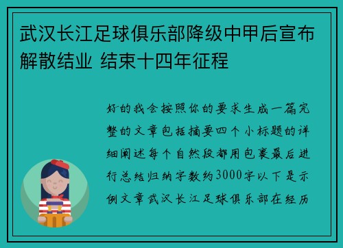 武汉长江足球俱乐部降级中甲后宣布解散结业 结束十四年征程